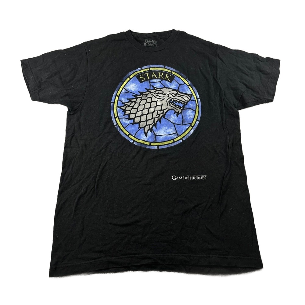 Game of Thrones T-Shirt Men L Black Stark Stained Glass Direwolf Sigil TV Series